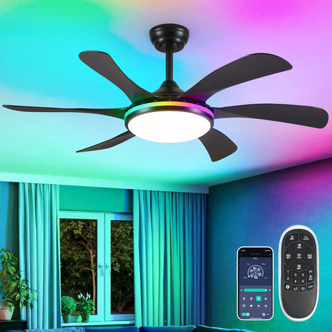 46In Black RGB Ceiling Fans with Lights - Low Profile Modern Ceiling Fan Light with Remote/APP, RGB+3CCT 6 Wind Speeds and Reversible, Indoor Outdoor Fan Light Fixture for Party, Kid's Room