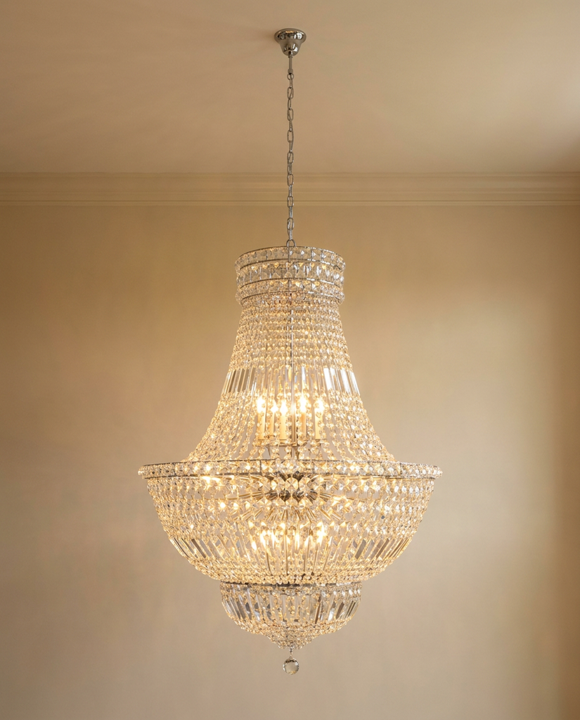 French Empire Crystal Chandelier H30 W24 - Hanging in Elegant Room with Beige Walls