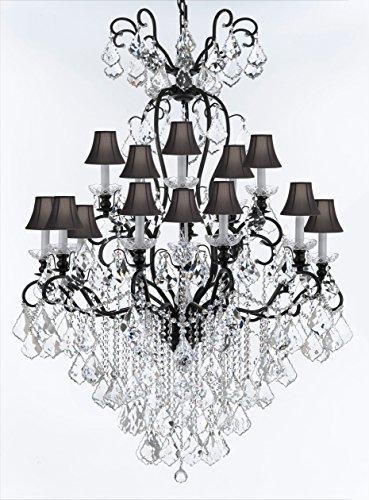 Wrought Iron Crystal Chandelier Lighting W38" H60" - Good for Entryway, Foyer, Living Room, Ballrooms, Catering Halls, Event Halls! w/ Black Shades - A500-BLACKSHADES/B12/556/16