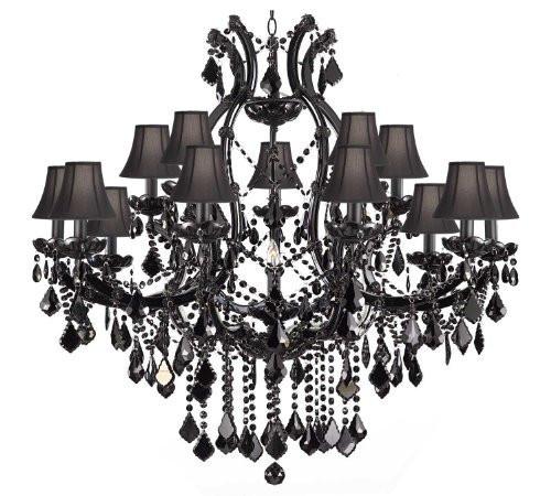 Jet Black Chandelier Crystal Lighting Chandeliers H38" X W37" With Black Shades - A500-Sc/BLACK/21510/15+1