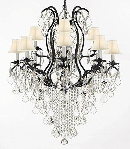 Wrought Iron Empress Crystal (Tm) Chandelier Lighting H40" X W28" With White Shades - A500-Sc/Whiteshades/B12/3034/8+4