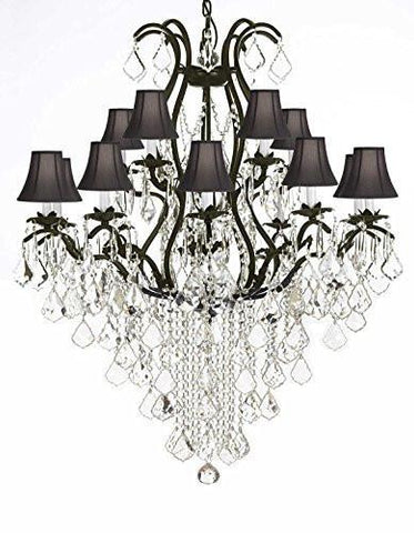 Wrought Iron Chandelier Crystal Chandeliers Lighting H50" X W36" With Black Shades Great For Dining Room Entryway / Foyer Or Living Room - A500-Sc/Blackshade/B12/3034/10+5