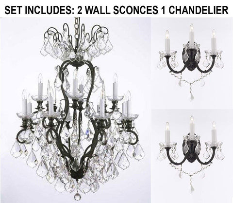 Set of 3-2 Wrought Iron Wall Sconce Crystal Lighting W 11.5" H 14" D 17" and 1 Wrought Iron Crystal Chandelier Lighting H30 x W28 - 2EA A500-3/556 + 1EA A500-556/12