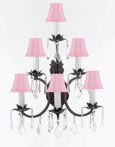 Swarovski Crystal Trimmed Wrought Iron 3 Tier Wall Sconce! W16 x H24 w/Pink Shades - A500-PINKSHADES/6/3034SW