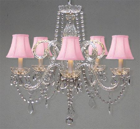 Swarovski Crystal Trimmed Chandelier Crystal Chandelier And Pink Shades H25&quot; X W24&quot; - A46-Pinkshades/385/5Sw