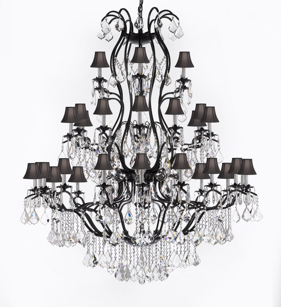 Swarovski Crystal Trimmed Chandelier Large Foyer / Entryway Wrought Iron Chandelier Lighting With Crystal And Black Shade H60" X W52" - A500-Sc/Blackshade/3031/36Sw
